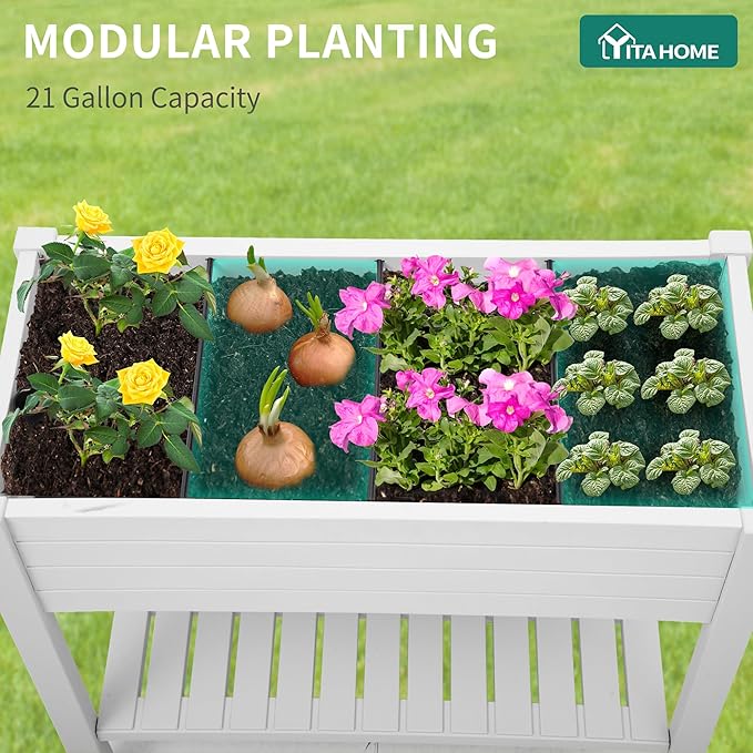 YITAHOME 43.3x17.7x34 in Elevated Garden Bed 2pcs, Outdoor Plastic Planter Box with Wheels, Legs, Drain Plug, and Storage Shelf for Plants, Vegetables, Flowers, Herbs, Grayish-White YITAHOME