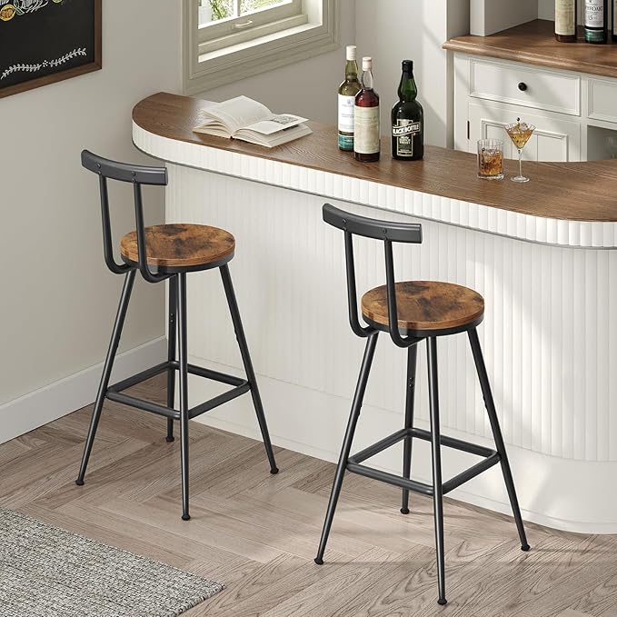 Bar Stools, Set of 2 Bar Chairs with Backrest and Footrest, 26" Tall Counter Stools, Metal Frame, Adjustable Feet, Easy Assembly, for Kitchen, Living Room, Pub, Rustic Brown BAHR6001 MAHANCRIS