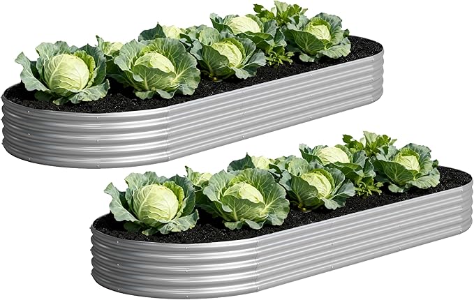 2PCS 12x4x1FT Galvanized Raised Garden Bed Kit,Vegetable Boxes-Oval Metal Flower Box,Large Planter Raised Beds Outdoor Garden for Planting,Fruit,Herb-Silver Yortrek