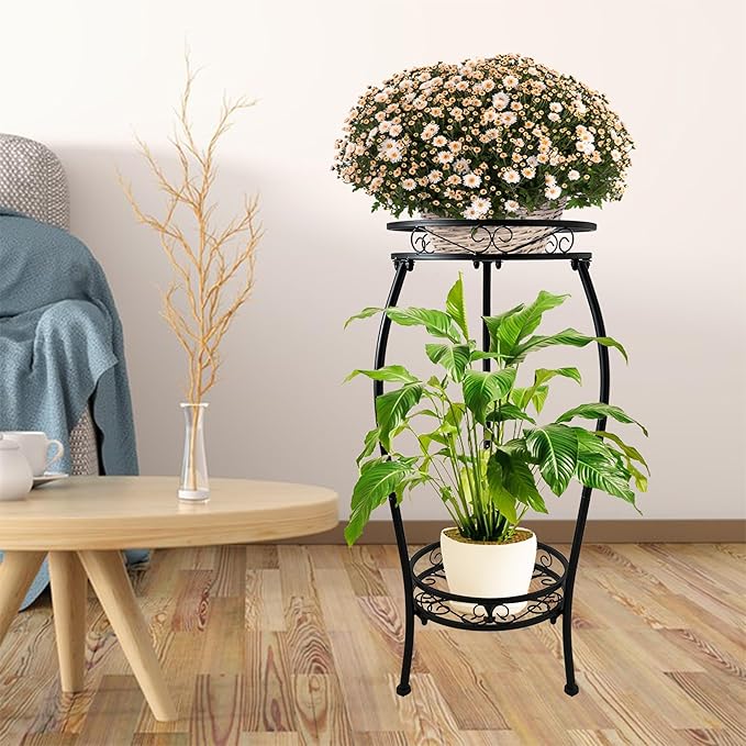CASIMR 2 Tier Plant Stand Indoor Outdoor, 26.6" Tall Metal Potted Holder Rack Multiple Flower Pot Stand Heavy Duty Plant Shelf Rustproof Iron Plant Round Supports Rack CASIMR