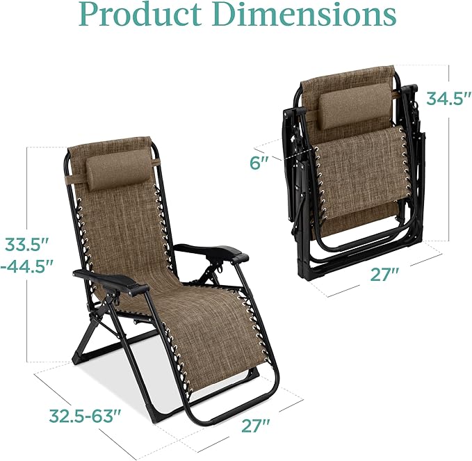 Best Choice Products Oversized Zero Gravity Chair, Folding Outdoor Patio Recliner, XL Anti Gravity Lounger w/Removable Cushion, Cup Holder, Side Tray, 350lb Capacity - Taupe BestChoiceProducts