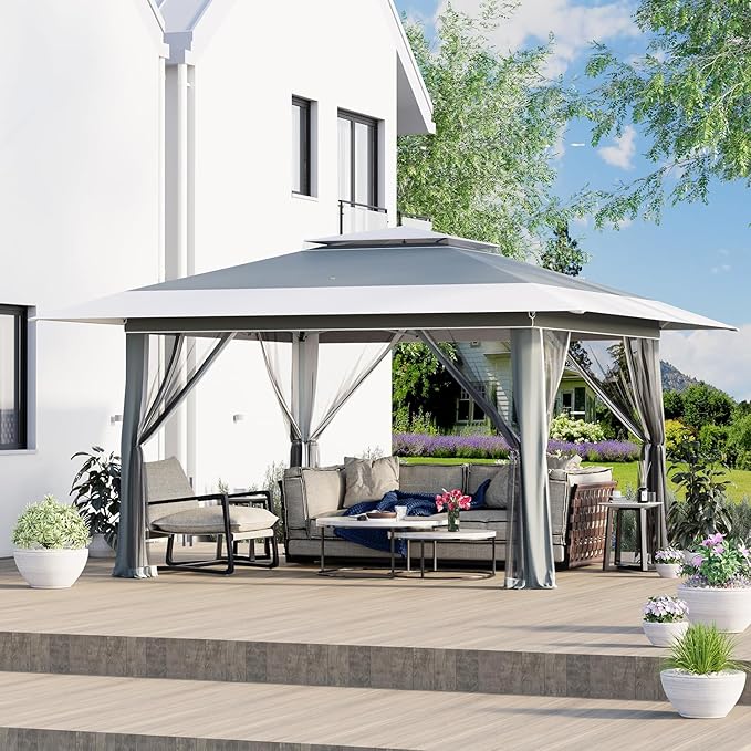 ECOTOUGE 13x13 FT Pop Up Canopy Tent with Mosquito Nettings, Patio Party Instant Shelte Gazebo w/Carrying Roller Bag Waterproof and UV Resistant for Outdoor Garden, Grill and Backyard, Grey-White ECOTOUGE