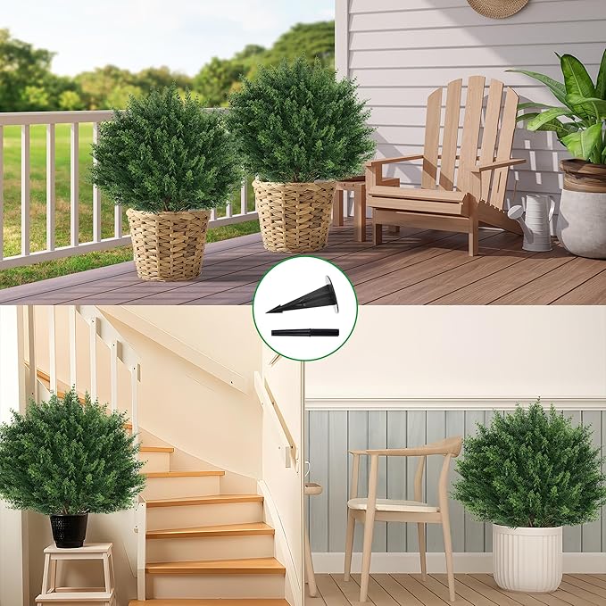 Artificial Cypress Topiary Tree with Ground Spike, Set of 2 Artificial Shrub Bushes, Fake Evergreen Tree for Porch, Artificial Plants for Outdoor Planters Indoor UV Resistant FEELTHENEWWORLD