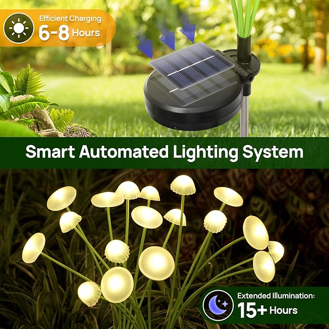 Solar Garden Lights, 2-Pack Dual Mode LED Solar Mushroom Lights, Waterproof Firefly Outdoor Decor for Yard, Patio, and Pathway – Warm White Jellyfish Ambiance RIEYUE