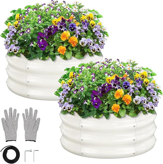 GreatBuddy 2x2x1 ft Round Galvanized Raised Garden Bed, Easy-Assembly Raised Bed with Anti-Cut Gloves & Tools, Rust-Proof Garden Bed for Outdoor, Vegetables, Herbs, Small Trees, White GreatBuddy