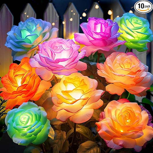 Solar Rose Lights Outdoor: 10 Pack IP65 Waterproof 7-Color Changing LED Flower Stakes for Garden Pathway Patio Lawn Decorative - Auto On Off 10H+ Lighting NESSTU