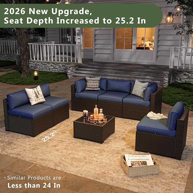 Aoxun 7 Piece Patio Furniture Set Wicker Rattan Patio Sectional Sofa Set Outdoor Seating Furniture with Thickened Cushion, Navy Blue Aoxun