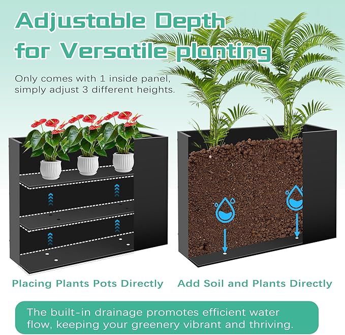 Metal Rectangular Planter Box, Large Planter Boxes Outdoor, 37''L x 13''W x 26''H Heavy Duty Plant Box with Removable Insert Shelf, 3 Tier Adjustable Height Tall Garden Planter for Plants, Flowers Montex
