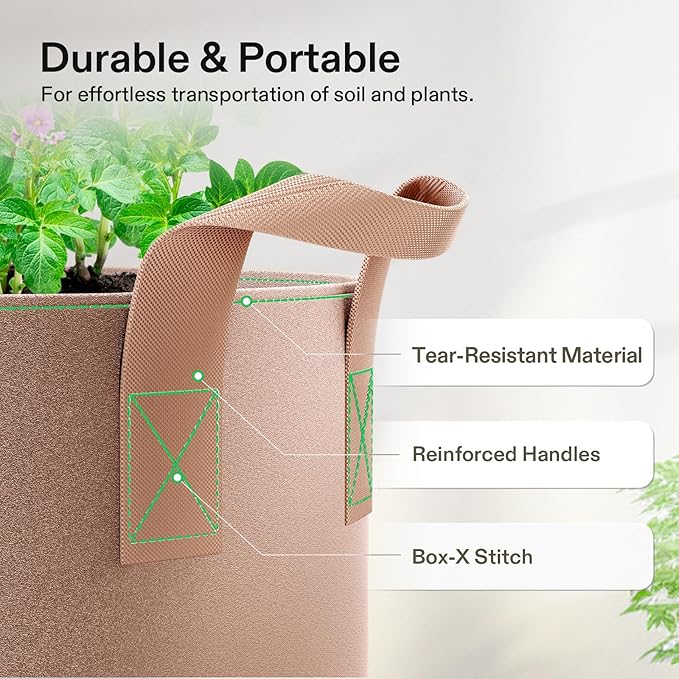 VIVOSUN 5-Pack 25 Gallons Grow Bags Heavy Duty Thickened Nonwoven Fabric Pots with Strap Handles Tan VIVOSUN
