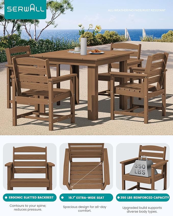 SERWALL Outdoor Dining Set for 4, HDPE Square Table and Chairs Set All Weather Patio Dining Set with 4 Classic Dining Chairs, 5-Piece Patio Dining Furniture for Deck, Brown SERWALL