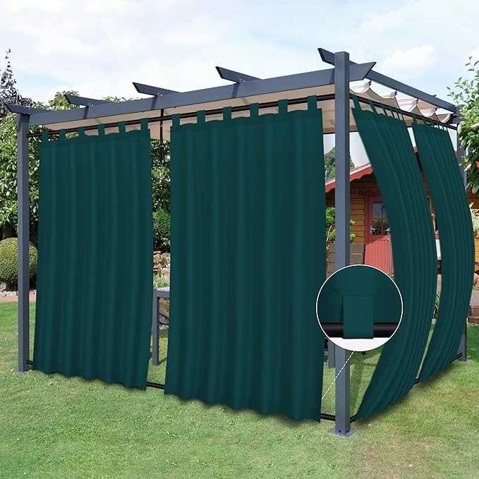 Easy-Going Outdoor Patio Curtains Detachable Tab Top Windproof Weatherproof Curtain for Cabana, Porch, Pergola and Gazebo, Tab Bottom Drape, 2 Panels, 54W x 96L inch, Teal Easy-Going