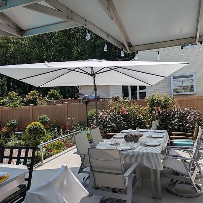 PURPLE LEAF 9' X 12' Left-right Tilt Patio Umbrella Outdoor Cantilever Swivel Rectangle Umbrella Aluminum Offset Umbrella with 360-degree Rotation for Garden Deck Pool Patio White PURPLELEAF