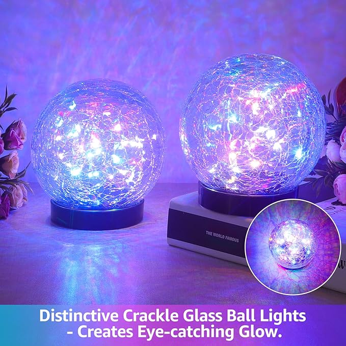 2-Pack Garden Solar Lights Outdoor, Colored Cracked Glass Ball Light Waterproof, Decorative Solar Powered Globe Lighting Multicolor for Yard ASOMST