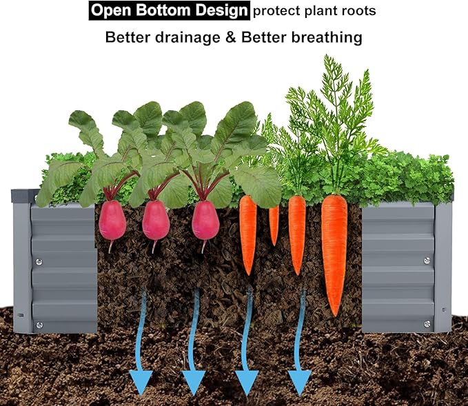 2 Pack 6x1.5x1FT Galvanized Raised Garden Bed Kit, Outdoor Metal Planter Box for Vegetables, Bottomless Rectangular Gardening Bed with Support Rods, Tool-Free Assembly, Gray Meberam