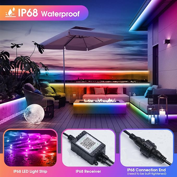 150Ft Outdoor LED Strip Lights, IP68 Waterproof Color Changing RGB LED Light Strips with IR Remote and APP, 24V Music Sync Led Rope Lights,Flexible Outdoor DIY Tape Lights for Balcony Deck Garden Pool HUEMIHUI