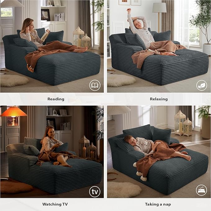 67 Inch Chaise Lounge Chair Indoor, Oversized Corduroy Upholstered Boneless Sofa Bed, Deep Seat Sleeper Couch Reading Chairs, Cloud Sofas Couches for Living Room, No Assembly Required (Dark Grey) HANXIN