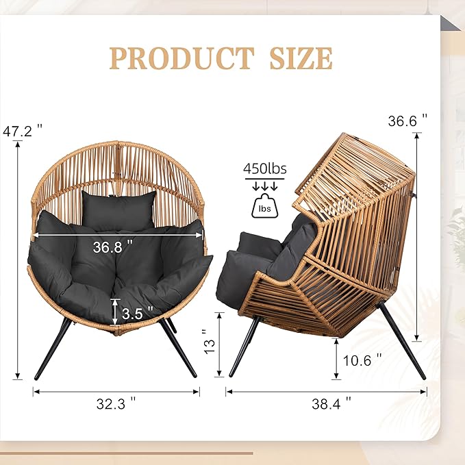 Vongrasig Wicker Egg Chair PE Rattan Chair with Cushion, Oversized Patio Lounge Chair for Outdoor, Indoor, Balcony, Backyard, Garden, Living Room, Black Vongrasig