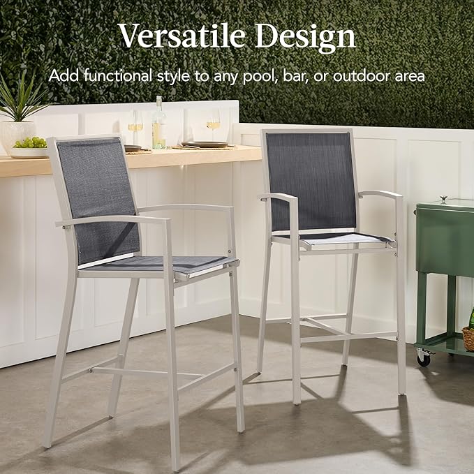 Best Choice Products Outdoor Bar Stools Set of 2, Bar Height, Patio Furniture, All Weather Mesh Design w/Armrest - Taupe/Charcoal BestChoiceProducts