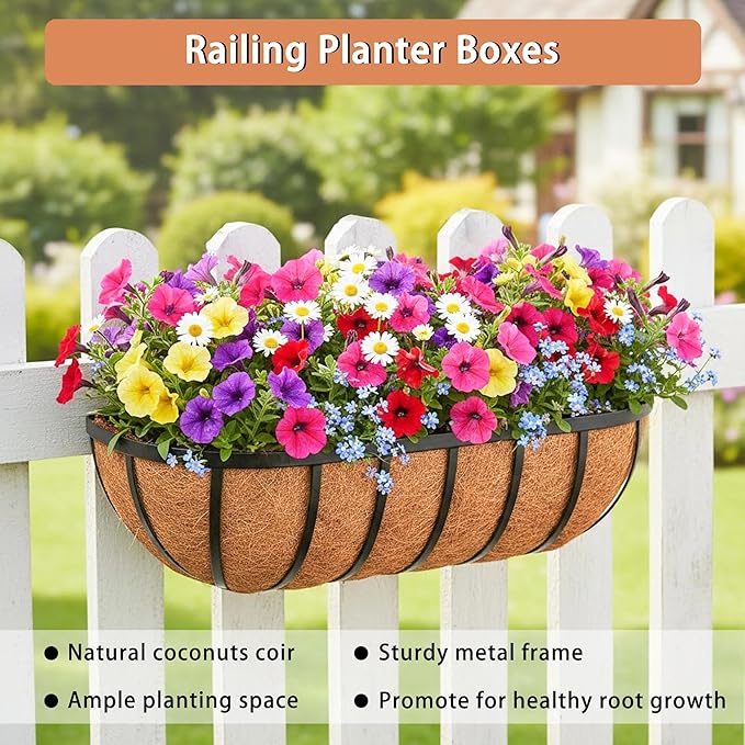 36'' Window Box Railing Planter with Coco Liner,2 Pack Horse Trough Planters Black Metal Hanging Flower Planters Basket for Porch Fence Patio Indoor Outdoor Lawn Qusuxi