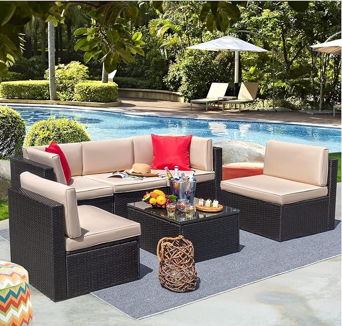 Devoko Patio Furniture Sets 6 Pieces Outdoor Sectional Rattan Sofa Manual Weaving Wicker Patio Conversation Set with Glass Table and Cushion (Beige) DEVOKO