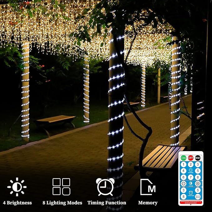 ANJAYLIA Solar Outdoor Rope Lights, 66FT 200 LED Solar Powered Rope Lights Outdoor, 8 Modes Timer Remote String Light Rope Solar Lights Outdoor Waterproof for Garden Decor, White ANJAYLIA