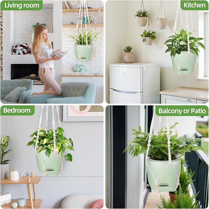 2-Pack 7..1-Inch Self-Watering Hanging Planters for Indoor & Outdoor Plants,34Inch Macrame Hanger Plant Pots Indoor with Drainage,Small Hanging Planters & Baskets,With Two Sets of Hooks（Pure green） QCQHDU