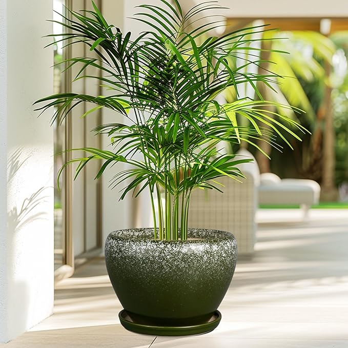 10 Inch Planter Pot - Ceramic Pots for Plants with Drainage Hole and Saucer, Round Large Flower Pot for Indoor Plants, Dark Green Ceramicfor
