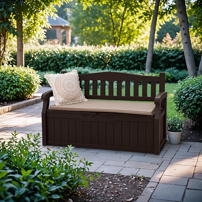 Devoko 80 Gallon Storage Bench Deck Box Lockable for Patio Furniture, Garden Decor and Outdoor Seating for Cushions, Garden Tools and Pool Supplies(Dark Brown) DEVOKO
