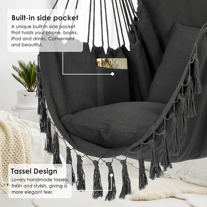 Y- STOP Hammock Chair Hanging Rope Swing, Max 500 Lbs, 2 Cushions Included, Large Macrame Hanging Chair with Pocket, Cotton Weave for Superior Comfort, Durability (Dark Grey) Y-STOP