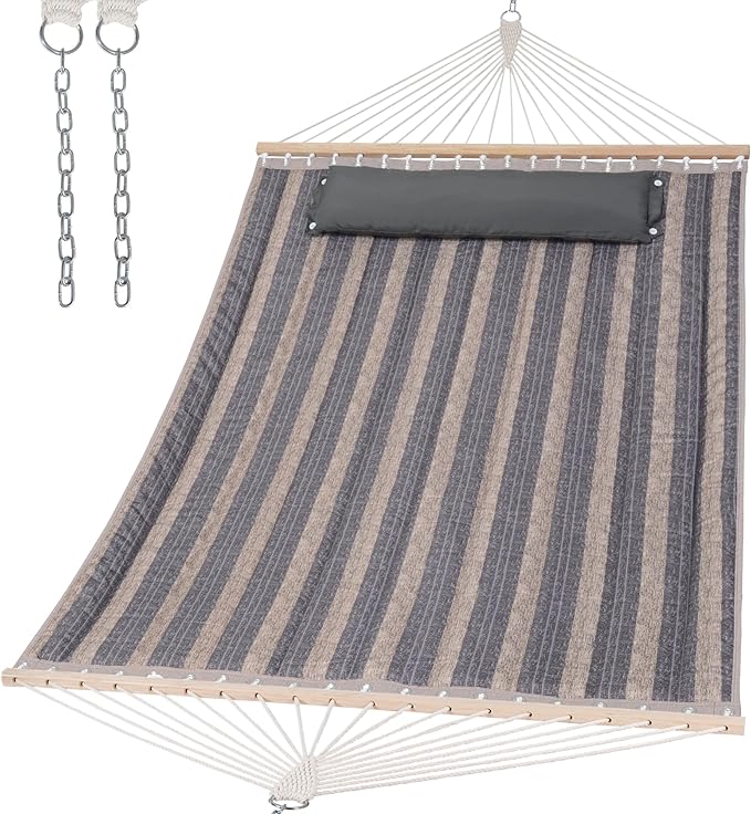 SUNCREAT Double Quilted Hammock with Hardwood Spreader Bar, Extra Large Soft Pillow, Heavy Duty 2 Person Hammock for Indoor, Outdoor, Gray Stripes SUNCREAT