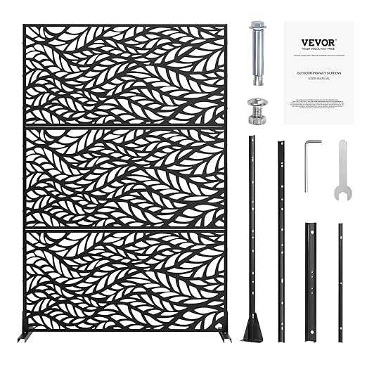 VEVOR Metal Privacy Screen, 47" W x 72" H, Outdoor Privacy Screens & Panels, Freestanding Outdoor Divider with Stand, 3-Panel Decorative Garden Steel Privacy Fence for Balcony Patio Indoor Room Black VEVOR