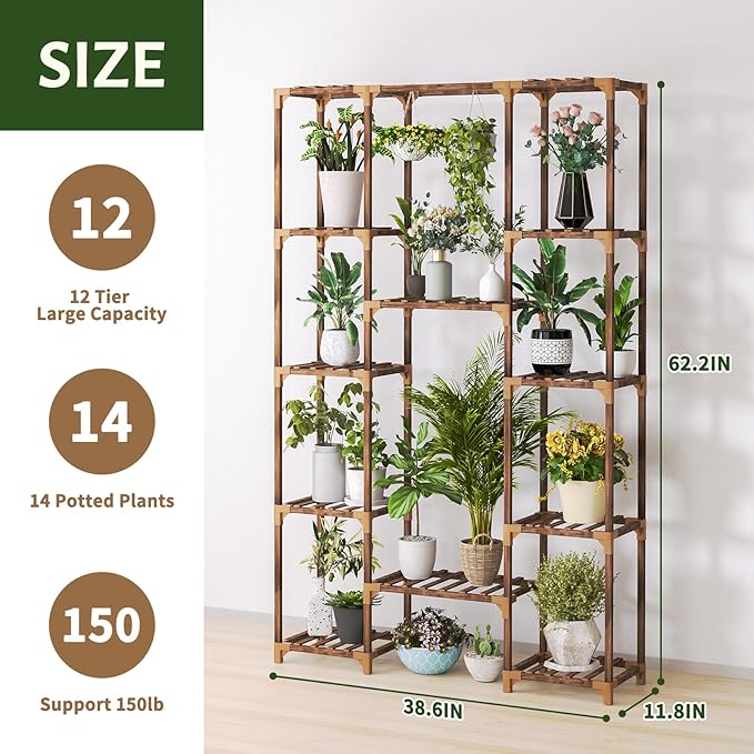 Uneedem Tall Indoor Outdoor Plant Stand - Large 12 Tier Plant Rack with Wooden Shelves for Room, Balcony, Garden, Patio Uneedem