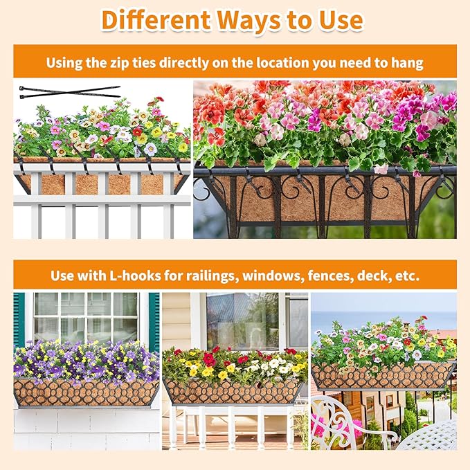 Riare 2 Pack 24 Inch Window Boxes Planters with Coco Liner, Metal Deck Railing Planter Boxes, Balcony Planters Railing Hanging, Horse Trough Window Flower Planter Boxes for Outdoor Porch Fence Patio Riare