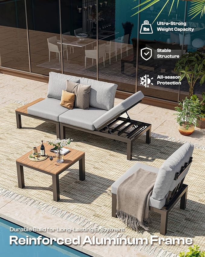 Aluminum Modular Outdoor Patio Furniture Set, 6 Seats Patio Sectional Sofa Set with Adjustable Backrest & Thick Cushions, All-Weather Conversation Sets with Table for Garden & Yard, Gray Oasbira