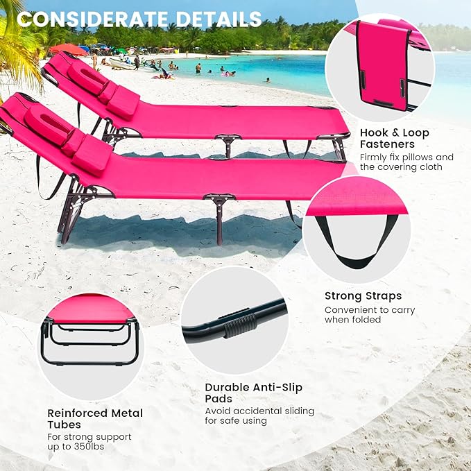 GYMAX Tanning Chair, 350lbs Beach Lounge Chair with Face Hole, Washable Pillow & Carry Strap, Adjustable Folding Chaise Lounge, Layout Chair for Outside, Patio, Poolside, Lawn (1, Pink) GYMAX