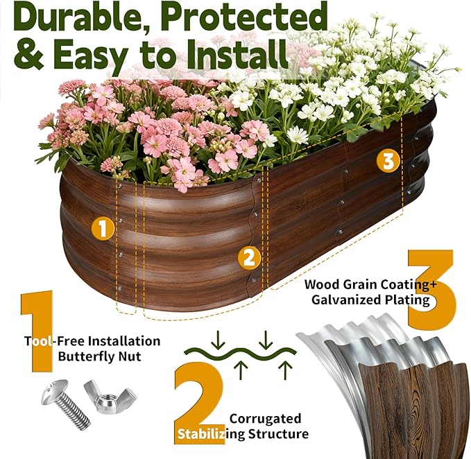 Galvanized Raised Garden Bed Outdoor, Large Raised Bed for Gardening, 4x2x1ft Oval Metal Planter Box for Vegetables, Fruits, Flowers, Dark Brown Wood Grain VivaGarden