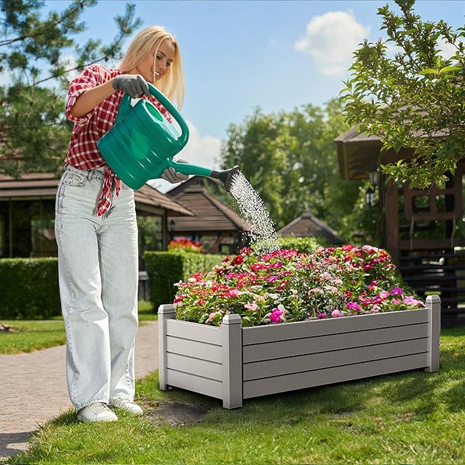 Raised Garden Bed, 21 Gallon Self-Watering Outdoor Raised Planter Box with Drainage Plug and Gauge for Vegetables, Flowers and Herbs, Durable Rustproof Resin for Backyard Patio Porch (Grey) OutdoorLivingPerfected