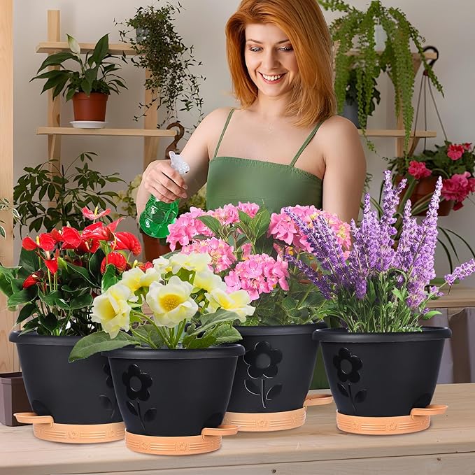 Plant Pots 10 Inch Set of 4, Self Watering Pots with Drainage Holes, Saucer & Reservoir, Flower Pots for Indoor/Outdoor Plants, Decorative Nursery Planting Pots (Black) gegemaoyi