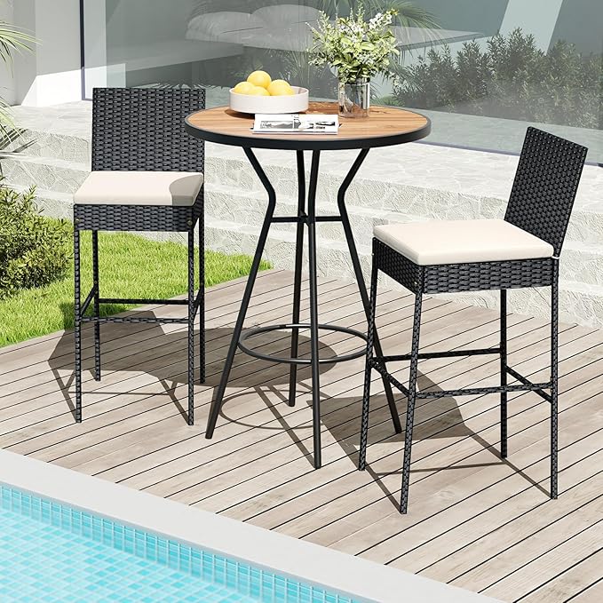 HAPPYGRILL Wicker Patio Barstools Set of 4, Outdoor Rattan Bar Chairs with Footrest & Backrest, Armless High Top Chairs with Seat Cushions for Backyard, Balcony HAPPYGRILL