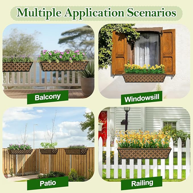 SPECILITE 24" Window Boxes Planters, Heavy Duty Metal Railing Planter Boxes, Adjustable Balcony Planters for Railing Hanging, with Coco Liner & Tool Set for Deck, Porch, and Patio Gardening (6 Pack) SPECILITE