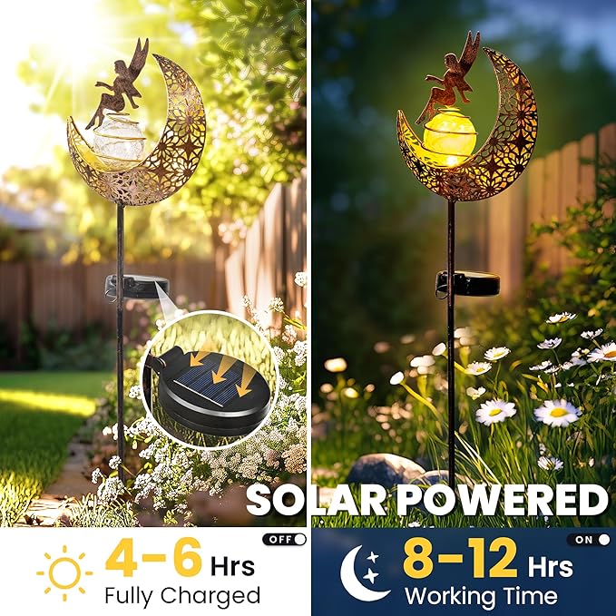 Fairy Garden Solar Lights Outdoor Moon Stakes, Waterproof Outdoor Metal Decor Gifts for Women Mom, Art Moon Sculpture for Yard, Patio, Garden, Porch, 1 Pack Suncket