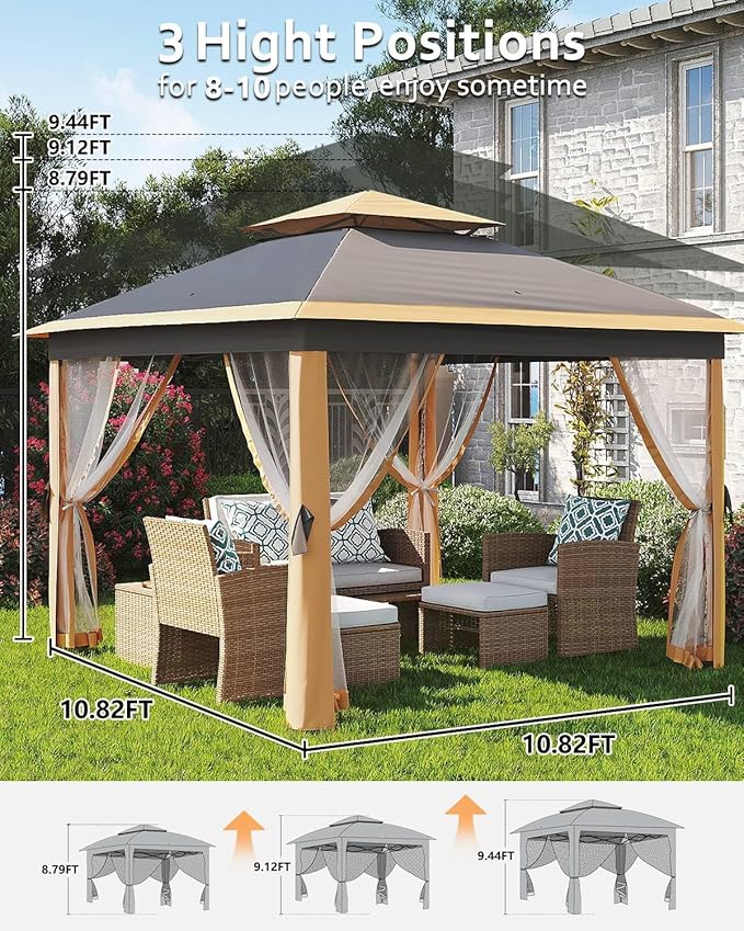 Garveelife 11x11 Pop Up Gazebo Tent with Mosquito Netting, Outdoor Canopy Shelter Easy Setup, Water & UV Resistant - Khaki GarveeLife