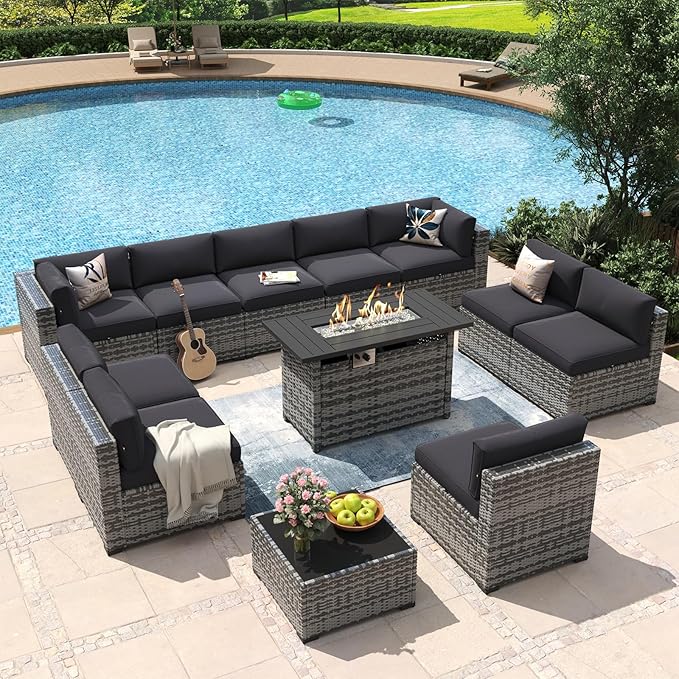 Aoxun 12 Piece Patio Furniture Set with 44” Fire Pit Table Wicker Rattan Outdoor Sectional Sofa Set with Coffee Table and Thickened Cushions, Grey/Black (Waterproof Cover Included) Aoxun