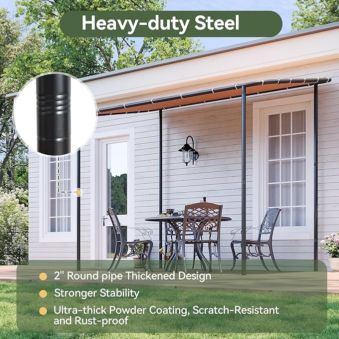 Aoxun 10x6 Lean to Gazebo Outdoor Pergola with Water Resistant & UV-Resistant, Wall-Mounted Canopy Sloped Roof Awning for Patio Backyard, Deck, or Garden Khaki Aoxun
