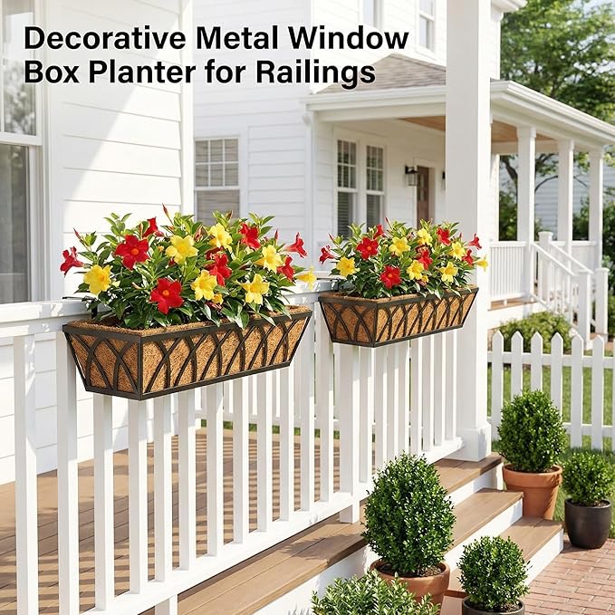 HFHOME 24 inch Window Deck Rail Planter with Coco Liner, 24" Dia Window Box Trough with Coconut Coir Liners, Black Metal Hanging Flower Planter Basket for Indoor Outdoor Lawn - Set of 4 HFHOME