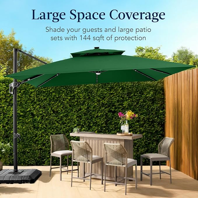 Best Choice Products 12x12ft LED Cantilever Patio Umbrella w/Base Included & 360° Rotation, Large Solar Offset Hanging Outdoor Sun Shade for Deck, Backyard Table w/Stand & Lights – Green BestChoiceProducts