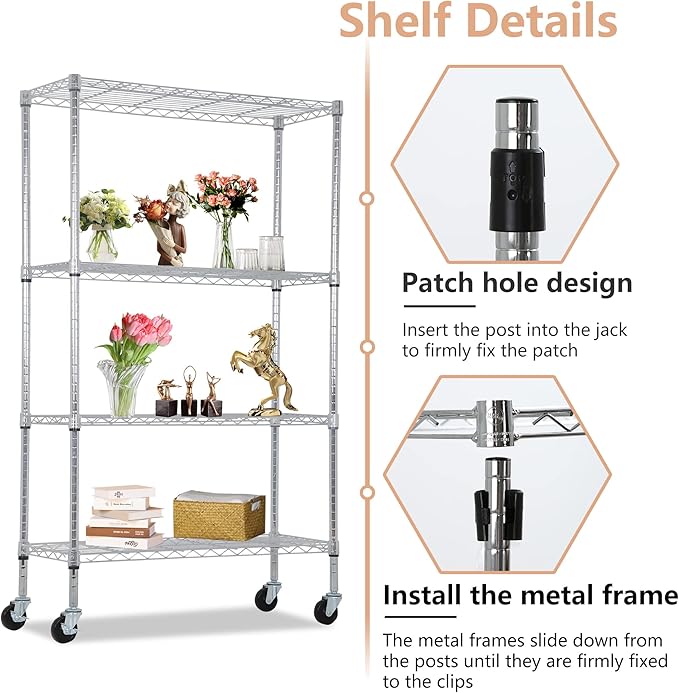 BestOffice | 4-Tier Wire Storage Shelves with Wheels | 36x14x62 | Chrome | Adjustable Racks | Heavy-Duty Metal Shelf, Holds Upto 500 lbs | No-Tool Assembly | Ideal for Home & Garage Shelving BestOffice
