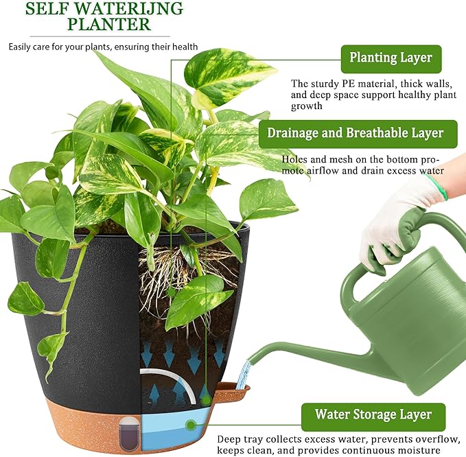 2 Pack 8 Inch Pots for Plants Indoor, Plastic Self Watering Planters with Drainage Holes, Water Level Indicator & Deep Reservoir, Decorative Flower Pots Indoor Outdoor Use (Black Fielda