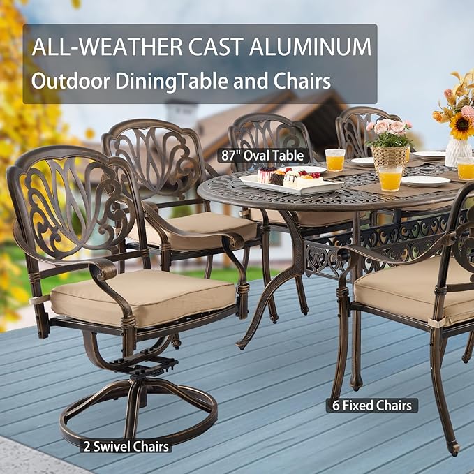 9-Piece Cast Aluminum Patio Furniture, Outdoor Dining Sets for 8 Include 87" Oval Patio Dining Table, 6 Stackable Chairs & 2 Swivel Chairs with Cushions & Umbrella Hole(Bronze) Rootora