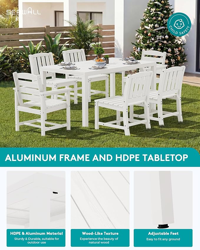 SERWALL Outdoor Expandable Dining Table 60" - 83", Patio Dining Table for 4-10 People, All Weather HDPE and Aluminum Outdoor Furniture for Backyard, Garden, White SERWALL